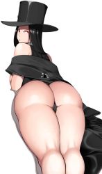 Rule 34 | 1other, androgynous, ass, ass focus, bare shoulders, black hair, from behind, guilty gear, guilty gear strive, hat, highres, huge ass, long hair, looking at viewer, looking back, lying, on stomach, other focus, red eyes, shiny clothes, shiny skin, solo, suwaiya, testament (guilty gear), thick thighs, thighs, thong, very long hair