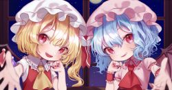 Rule 34 | 2girls, ascot, bat wings, blue hair, blurry, blush, commentary request, crystal, depth of field, flandre scarlet, flat chest, foreshortening, frilled shirt collar, frills, hair between eyes, hand on own cheek, hand on own face, hand up, hat, head tilt, indoors, looking at viewer, mob cap, moon, multiple girls, nail polish, night, night sky, one side up, pink headwear, pink shirt, puffy short sleeves, puffy sleeves, reaching, reaching towards viewer, red ascot, red eyes, red nails, red vest, remilia scarlet, shirt, short hair, short sleeves, siblings, sisters, sky, star (sky), starry sky, teruteru (teru teru), touhou, upper body, vest, white headwear, window, wings, wrist cuffs, yellow ascot