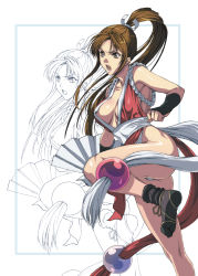 Rule 34 | 1girl, armpits, ass, breasts, brown eyes, brown hair, cleavage, fatal fury, feet, hand fan, highres, homare (fool&#039;s art), japanese clothes, large breasts, legs, long hair, looking away, open mouth, ponytail, shiranui mai, simple background, socks, solo, standing, the king of fighters, thighs