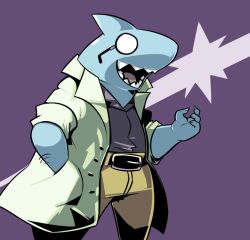 Rule 34 | 1boy, glasses, hand in pocket, lab coat, male focus, mangneto, opaque glasses, open mouth, shark, sharp teeth, simple background, skullgirls, solo, stanley whitefin, teeth