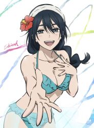 Rule 34 | 1girl, amanai riko, black hair, breasts, flower, grey eyes, hair flower, hair ornament, jujutsu kaisen, large breasts, looking at viewer, open hand, open mouth, red flower, shiima, solo, swimsuit, upper body