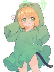 Rule 34 | 1girl, absurdres, blonde hair, blue archive, bow, cowboy shot, ghost costume, green bow, green eyes, green halo, green hoodie, hair bow, halo, heart, highres, hood, hoodie, lk149, midori (blue archive), open mouth, short hair, simple background, sleeves past fingers, sleeves past wrists, smile, solo, spoken heart, white background