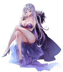 Rule 34 | 1girl, absurdres, bad id, bad pixiv id, bare legs, bare shoulders, blue eyes, breast hold, breasts, cleavage, closed mouth, commission, crossed legs, dress, eyewear on head, full body, glasses, high heels, highres, large breasts, light smile, long hair, looking at viewer, purple dress, purple footwear, shiny skin, shoes, silver hair, simple background, sitting, solo, thighs, white background, whois