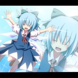 Rule 34 | 1girl, blue dress, blue hair, blush, bow, cirno, closed eyes, do (4-rt), dress, female focus, gradient background, hair bow, letterboxed, open mouth, outstretched arms, short hair, smile, solo, touhou, white background, wings