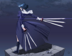 Rule 34 | 00s, 1girl, black keys (type-moon), blue hair, boots, ciel (tsukihime), dual wielding, from behind, habit, holding, nyath, short hair, solo, sword, tsukihime, type-moon, weapon