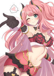 Rule 34 | 1girl, ;), armlet, armor, armpits, bare shoulders, bikini, black bow, black bowtie, black gloves, black thighhighs, blue eyes, blush, bow, bowtie, breasts, buckle, cleavage, closed mouth, commentary request, cowboy shot, curled horns, demon horns, elbow gloves, faulds, foreshortening, fur collar, garter straps, gloves, groin, heart, heart-shaped buckle, highres, horns, large breasts, long hair, looking at viewer, midriff, nanao (naoekaki25), navel, one eye closed, one side up, pink hair, pointing, princess connect!, red bikini, red shorts, short shorts, shorts, sidelocks, simple background, smile, solo, spoken heart, standing, strapless, strapless bikini, suzuna (princess connect!), swimsuit, thigh gap, thighhighs, very long hair, wavy hair, white background