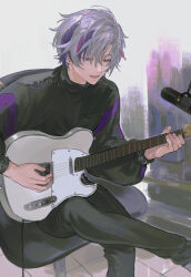 Rule 34 | 1boy, black gloves, black kimono, commentary request, electric guitar, fuwa minato, gloves, guitar, instrument, japanese clothes, kimono, long hair, makeup, male focus, moimirr, multicolored hair, music, nijisanji, on chair, playing instrument, purple eyes, purple hair, red hair, sitting, solo, virtual youtuber