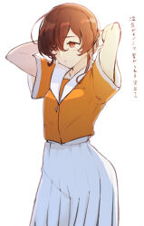 Rule 34 | 1girl, arms behind head, brown hair, commentary request, highres, holding, holding own hair, kantai collection, kouga (mutsumi), long hair, official alternate costume, orange eyes, orange shirt, pleated skirt, sailor collar, sailor shirt, shirt, simple background, skirt, solo, souya (kancolle), translation request, white background, white sailor collar, white skirt