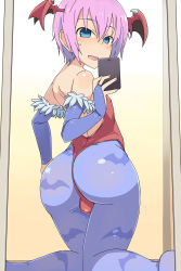 Rule 34 | 1boy, ass, back, backless outfit, bare shoulders, bat wings, blue eyes, blue pantyhose, blush, bridal gauntlets, cellphone, crossdressing, demon boy, from behind, head wings, highres, huge ass, kinta (kinta no mousou), leotard, lilith aensland, male focus, mirror, open mouth, pantyhose, phone, pink hair, reflection, selfie, shiny skin, short hair, skin tight, smile, solo, sweatdrop, thong leotard, trap, vampire (game), wings
