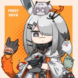 Rule 34 | 1girl, :d, absurdres, animal ears, arknights, black gloves, border, character name, chibi, cloak, closed eyes, commentary, crownslayer (arknights), dog-san, dragon bubble (arknights), dress, english commentary, faust (arknights), frostnova (arknights), gloves, grey eyes, grey hair, hair over one eye, highres, long hair, looking down, mephisto (arknights), open mouth, orange hair, patriot (arknights), rabbit ears, scar, scar on face, scar on nose, sharp teeth, smile, talulah (arknights), teeth, u u, upper body, w (arknights), white cloak, white dress, | |