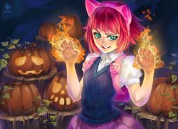 Rule 34 | 1girl, animal ears, annie (league of legends), annushka, cat ears, child, eyebrows, eyelashes, fake animal ears, fire, green eyes, grin, halloween, jack-o&#039;-lantern, league of legends, lipstick, looking at viewer, makeup, naughty face, night, pleated skirt, pumpkin, red hair, russian text, short hair, skirt, smile, soemy, solo, sweater vest, yuka soemi