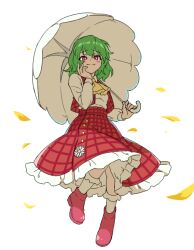 Rule 34 | 1girl, ascot, closed mouth, commentary, flower, full body, green hair, holding, holding umbrella, itani illust, kazami yuuka, long sleeves, looking at viewer, plaid, plaid skirt, plaid vest, red eyes, red skirt, red socks, red vest, shirt, short hair, simple background, skirt, socks, solo, touhou, umbrella, vest, white background, white flower, white shirt, white socks, white umbrella, yellow ascot
