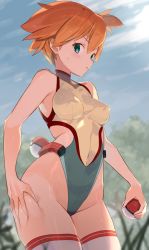 Rule 34 | 1girl, adapted costume, blue eyes, blue sky, breasts, cloud, covered erect nipples, cowboy shot, creatures (company), day, game freak, highleg, highleg leotard, holding, holding poke ball, leotard, looking at viewer, medium breasts, misty (pokemon), multicolored leotard, nintendo, orange hair, outdoors, poke ball, pokemon, pokemon (anime), pokemon (classic anime), short hair, side ponytail, sky, solo, spring2013, thighhighs, white thighhighs