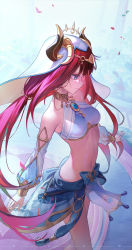 Rule 34 | 1girl, arms at sides, bare shoulders, blue bow, blue eyes, blue skirt, bow, breasts, brooch, circlet, closed mouth, cowboy shot, crop top, detached sleeves, falling petals, floating hair, genshin impact, gold trim, harem outfit, highres, horns, jewelry, linea alba, long hair, long sleeves, looking down, looking to the side, low twintails, medium breasts, navel, neck ring, nilou (genshin impact), pelvic curtain, petals, puffy long sleeves, puffy sleeves, ruochongsang, sidelocks, skirt, smile, solo, stomach, thighs, twintails, vambraces, veil