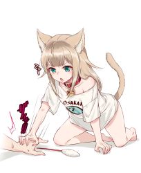 Rule 34 | 1girl, 40hara, animal collar, animal ear fluff, animal ears, aqua eyes, barefoot, blonde hair, blouse, cat ears, cat girl, cat tail, cat teaser, clothes writing, collar, collarbone, highres, kinako (40hara), long hair, open mouth, original, shirt, short sleeves, simple background, solo focus, t-shirt, tail, v-shaped eyebrows, white background, white shirt