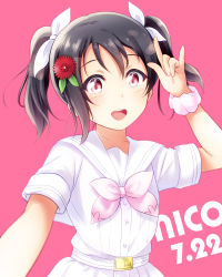 Rule 34 | 1girl, a song for you! you? you!, absurdres, artist name, artist request, belt, black hair, blush, bow, collarbone, female focus, flower, hair bow, hair flower, hair ornament, highres, kuro est noir, looking at viewer, love live!, love live! school idol project, neckerchief, nico nico nii, one eye closed, parted lips, pink background, pink neckerchief, pink scrunchie, red eyes, red flower, sailor collar, scrunchie, shirt, short hair, skirt, smile, solo, twintails, white belt, white bow, white legwear, white shirt, white skirt, yazawa nico