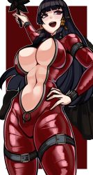 Rule 34 | 1girl, :d, abs, belt, biker clothes, bikesuit, black hair, blunt bangs, bodysuit, breasts, cleavage, clothing cutout, cowboy shot, dead or alive, hand fan, hand on own hip, hand up, highres, holding, large breasts, latex, latex bodysuit, long hair, midriff, muscular, muscular female, navel, nyotengu, open mouth, pink eyes, sidelocks, skin tight, smile, solo, teeth, thigh strap, two-tone background, underboob, unzipped, upper teeth only, volyz