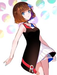 Rule 34 | 1girl, bare arms, bare shoulders, black dress, blue eyes, breasts, brown hair, choker, cowboy shot, dress, fuzichoco, hair ornament, highres, looking at viewer, medium breasts, multicolored clothes, multicolored dress, nebasei kokoro, parted lips, rohto seiyaku, short hair, sleeveless, sleeveless dress, solo, virtual youtuber