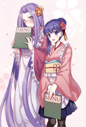Rule 34 | 2girls, :d, alternate costume, alternate hairstyle, apron, black legwear, blue skirt, blush, closed mouth, cowboy shot, embarrassed, fate/stay night, fate (series), flower, forehead, frilled apron, frills, hair bun, hair flower, hair ornament, highres, holding, japanese clothes, kimono, long hair, long sleeves, looking at viewer, maid, matou sakura, medusa (fate), medusa (rider) (fate), menu board, multiple girls, no pupils, obi, open mouth, own hands together, pantyhose, pink background, pink kimono, pleated skirt, purple eyes, purple hair, rimless eyewear, sash, single hair bun, single sidelock, skirt, smile, square pupils, standing, tareme, v arms, very long hair, wa maid, white apron, wide sleeves, ycco (estrella)