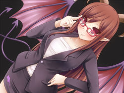 Rule 34 | 1girl, bat (animal), bat print, breasts, demon girl, demon tail, demon wings, dutch angle, formal, glasses, hand on own hip, horns, large breasts, long hair, morita (moritania), multiple tails, office lady, original, pointy ears, red-framed eyewear, red eyes, red hair, skirt, smile, solo, suit, tail, wings