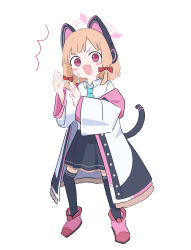 1girl :3 ^^^ absurdres animal_ear_headphones animal_ears aqua_necktie black_skirt black_thighhighs blonde_hair blue_archive blush_stickers boots bow cat_ear_headphones cat_ears cat_tail collared_shirt fake_animal_ears fake_tail full_body hair_bow halo hands_up headphones highres hood hooded_jacket jacket long_sleeves looking_at_viewer medium_hair momoi_(blue_archive) multicolored_clothes multicolored_jacket necktie open_clothes open_jacket open_mouth pink_eyes pink_footwear pink_halo pleated_skirt porty_ramram red_bow school_uniform shirt simple_background skirt solo standing surprised sweatdrop tail thighhighs v-shaped_eyebrows white_background white_jacket white_shirt wide_sleeves zettai_ryouiki