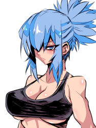 Rule 34 | 1girl, bare shoulders, black tank top, blue eyes, blue hair, breasts, cleavage, jin (mugenjin), large breasts, leona heidern, military, one eye covered, ponytail, serious, short ponytail, simple background, solo, tank top, the king of fighters, white background