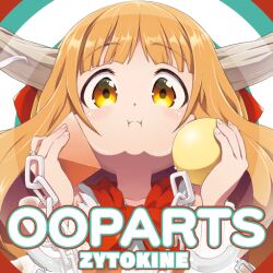 Rule 34 | 1girl, album cover, blouse, blunt bangs, bow, bowtie, chain, closed mouth, collarbone, cover, cuffs, english text, fingernails, game cg, green background, hair bow, holding, horns, ibuki suika, kabayaki unagi, light blush, long hair, looking at viewer, multicolored background, official art, oni horns, orange hair, orb, puffy cheeks, pyramid (geometry), red background, red bow, red bowtie, shackles, shirt, sleeveless, sleeveless shirt, solo, torn clothes, torn shirt, touhou, touhou cannonball, upper body, white background, white shirt, white wrist cuffs, wrist cuffs, yellow eyes, zytokine