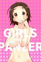 Rule 34 | 1girl, animal print, breasts, brown eyes, brown hair, commentary, copyright name, food, food on body, food on face, girls und panzer, highres, licking, licking finger, looking at viewer, medium breasts, nana (manaita koumuten), navel, nude, parted bangs, pink background, rabbit print, sawa azusa, short hair, solo, upper body, whipped cream
