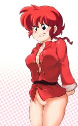 Rule 34 | 1girl, black eyes, blush, bottomless, braid, breasts, chinese clothes, cleavage, clenched teeth, covered erect nipples, cowboy shot, gender request, genderswap, groin, large breasts, legs, looking down, no bra, no panties, open clothes, pussy, ranma-chan, ranma 1/2, red hair, saotome ranma, simple background, single braid, smile, solo, tangzhuang, teeth, thigh gap, thighs, uncensored