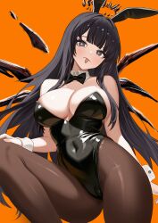 +_+ 1girl absurdres animal_ear_hairband animal_ears arknights black_bow black_bowtie black_eyes black_hair black_halo black_leotard blunt_bangs bow bowtie breasts broken_halo cameltoe cleavage covered_navel dark_halo detached_collar detached_wings energy_wings fake_animal_ears hairband halo highres hime_cut large_breasts leotard long_hair looking_at_viewer orange_background pantyhose playboy_bunny rabbit_ears shiny_clothes sidelocks solo straight_hair strapless strapless_leotard sui_wo_qing_shan_qu tongue tongue_out virtuosa_(arknights) wings wrist_cuffs