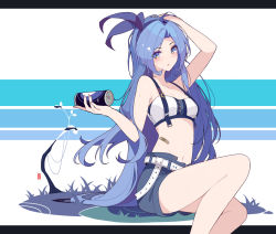 Rule 34 | 1girl, :o, bandaid, blue eyes, blue hair, blue shorts, blue theme, borrowed character, can, commentary request, commission, hair ribbon, holding, holding can, ideolo, legs, letterboxed, long hair, bae minah (chaesu), navel, original, pixiv commission, ribbon, shorts, sitting, solo, swimsuit