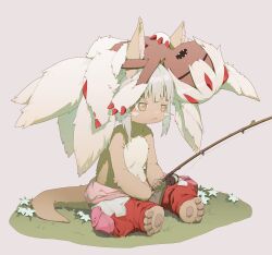Rule 34 | 1girl, 1other, absurdres, animal feet, animal hands, faputa, fishing rod, flower, grass, highres, made in abyss, nanachi (made in abyss), on head, pawpads, person on head, sitting