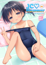Rule 34 | 1girl, :d, bare shoulders, barefoot, black hair, blue one-piece swimsuit, blush, braid, breasts, brown eyes, cameltoe, clothes pull, collarbone, content rating, cover, cover page, eyebrows, feet, female focus, fingernails, groin, half-closed eyes, highres, kickboard, leg lift, looking at viewer, lying, old school swimsuit, on back, on floor, one-piece swimsuit, one-piece swimsuit pull, one-piece tan, open mouth, original, partially visible vulva, pulled by self, pussy, pussy juice, school swimsuit, shiny skin, short hair, side braid, small breasts, smile, solo, spread legs, spread pussy, spread pussy under clothes, swimsuit, tan, tanline, tile floor, tiles, toes, usashiro mani