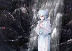 Rule 34 | 1girl, alternate costume, commentary request, closed eyes, feet out of frame, hat, unworn hat, unworn headwear, ichiba youichi, inubashiri momiji, japanese clothes, kimono, long sleeves, meditation, own hands together, palms together, rock, see-through, short hair, silver hair, solo, standing, tokin hat, touhou, water, waterfall, wet, wet clothes, wet kimono, white kimono, wide sleeves