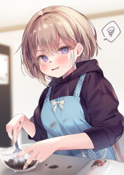 Rule 34 | 1girl, apron, black hoodie, blue apron, blurry, blurry background, blush, bowl, brown hair, chocolate, chocolate on face, commentary request, depth of field, drawstring, ebihara beniko, fang, food, food on face, hair between eyes, highres, hood, hood down, hoodie, indoors, mixing bowl, nail polish, original, parted lips, pink nails, polka dot, purple eyes, solo, spatula, spoken squiggle, squiggle, sweat, upper body