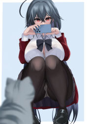 Rule 34 | 1girl, absurdres, ahoge, azur lane, black bow, black hair, black pantyhose, blurry, blurry foreground, bow, bowtie, bra visible through clothes, breasts, button gap, cat, cellphone, crossed bangs, full body, highres, holding, holding phone, huge ahoge, jacket, large breasts, loafers, loose bowtie, official alternate costume, panties, panties under pantyhose, pantyhose, pantyshot, phone, red eyes, red jacket, round eyewear, shigenohara kitoha, shoes, smartphone, squatting, taihou (azur lane), taihou (sweet time after school) (azur lane), taking picture, underwear, white panties