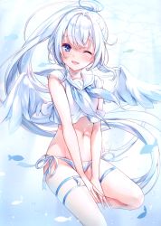 Rule 34 | 1girl, ;d, absurdres, angel, angel wings, bare arms, blue eyes, blush, crop top, fish, floating hair, freediving, halo, highres, komeshiro kasu, long hair, looking at viewer, midriff, navel, neckerchief, one eye closed, open mouth, original, panties, ponytail, sailor collar, sailor shirt, scan, shirt, short sleeves, side-tie panties, smile, solo, stomach, thigh strap, thighs, underwater, underwear, v arms, very long hair, water, white hair, white panties, white shirt, white theme, wings