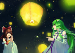 Rule 34 | 2girls, ascot, bow, breasts, brown eyes, brown hair, detached sleeves, festival, fire, frog hair ornament, green eyes, green hair, hair between eyes, hair bow, hair ornament, hair tubes, hakurei reimu, highres, hoshino arika, kochiya sanae, lantern, light, long hair, looking at another, looking up, multiple girls, night, open mouth, own hands clasped, own hands together, paper lantern, ribbon-trimmed sleeves, ribbon trim, small breasts, smile, snake hair ornament, teeth, touhou, very long hair, wide sleeves