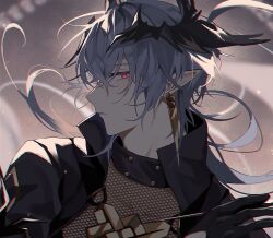 Rule 34 | 1boy, arknights, bishounen, black gloves, earrings, from side, gloves, grey hair, highres, hishoti cheese, jewelry, logos (arknights), looking at viewer, male focus, mole, mole under eye, pointy ears, red eyes, short hair, solo