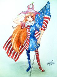 Rule 34 | 1girl, absurdres, american flag, american flag dress, clown, clownpiece, demoncutter, derivative work, dress, flag, hat, highres, jester cap, legacy of lunatic kingdom, long hair, looking at viewer, neck ruff, orange hair, pantyhose, red eyes, salute, short dress, short sleeves, solo, standing, striped, touhou, very long hair