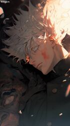 Rule 34 | 1boy, ai-assisted, artist name, black jacket, blood, blood on face, blue eyes, collared shirt, deltapork, expressionless, floating hair, from side, gojou satoru, highres, jacket, jujutsu kaisen, jujutsu tech uniform, looking ahead, male focus, parted lips, shadow, shirt, short hair, solo, upper body, white hair