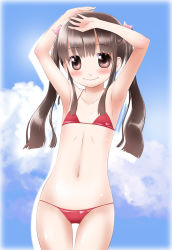 Rule 34 | 1girl, armpits, arms up, bad id, bad pixiv id, bare shoulders, bikini, brown eyes, brown hair, cloud, day, flat chest, highres, long hair, looking at viewer, md5 mismatch, navel, noto (soranoto), original, red bikini, revision, sky, smile, solo, swimsuit, thigh gap, twintails