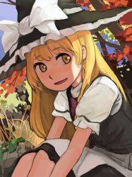 Rule 34 | 1girl, apron, autumn, black dress, blonde hair, blush, bow, dress, grass, hat, hat bow, highres, kirisame marisa, long hair, looking to the side, outdoors, permanentlow, puffy sleeves, purple bow, shade, short sleeves, sitting, smile, solo, touhou, tree, waist apron, white bow, witch hat, yellow eyes