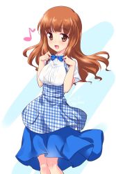 Rule 34 | 1girl, :d, adjusting neckwear, apron, blue apron, blue bow, blue bowtie, blue skirt, blunt bangs, blush, bow, bowtie, collared shirt, commentary, cowboy shot, dated, eighth note, gingham apron, girls und panzer, highres, kuzuryuu kennosuke, light blush, long hair, looking at viewer, medium skirt, musical note, one-hour drawing challenge, open mouth, orange eyes, orange hair, plaid, plaid apron, shirt, short sleeves, simple background, skirt, smile, solo, standing, takebe saori, twitter username, waitress, white background, white shirt