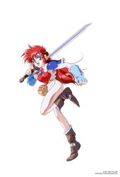 Rule 34 | 1990s (style), 1girl, armor, blue eyes, blue gloves, boots, brown footwear, carrying over shoulder, copyright name, copyright notice, dated, falcom, fingerless gloves, full body, gloves, headband, highres, holding, holding sword, holding weapon, leg up, leotard, long hair, mail (popful mail), moneybag, official art, open mouth, pauldrons, pointy ears, popful mail, red hair, retro artstyle, shoulder armor, simple background, solo, sword, weapon, white background