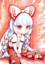 Rule 34 | 1girl, armband, bow, chibi, fiery background, fire, fujiwara no mokou, furim, hair bow, highres, hime cut, long hair, long sleeves, looking at viewer, no socks, ofuda, pants, red background, red eyes, shoes, silver hair, sitting, solo, suspenders, touhou, very long hair