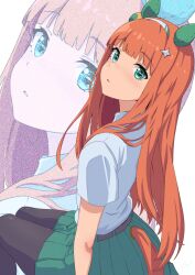 Rule 34 | 1girl, alternate costume, animal ears, blunt bangs, blush, casual, commentary request, hair ornament, headband, hime cut, horse ears, horse tail, long hair, looking at viewer, open mouth, orange hair, pantyhose, silence suzuka (umamusume), simple background, tail, umamusume, white background, yaya eshage