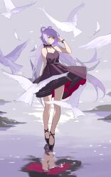 Rule 34 | 1girl, absurdres, bare shoulders, bird, black choker, black dress, bracelet, choker, dove, dress, falling feathers, feathers, floating clothes, green eyes, highres, jewelry, long hair, luo tianyi, purple eyes, sleeveless, sleeveless dress, very long hair, vocaloid, xe367