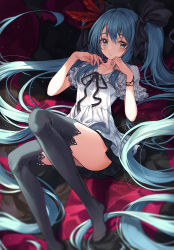 Rule 34 | 1girl, absurdly long hair, aqua eyes, bed sheet, black bow, black ribbon, black skirt, black thighhighs, blue hair, blue nails, blurry, blush, bow, closed mouth, collarbone, commentary request, depth of field, feather hair ornament, feathers, frilled sleeves, frills, hair bow, hair ornament, hatsune miku, highres, knees up, long hair, looking at viewer, lying, m1yu, miniskirt, nail polish, no shoes, on back, on bed, ribbon, shirt, short sleeves, skirt, solo, thighhighs, twintails, very long hair, vocaloid, white shirt, world is mine (vocaloid), wristband