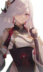 Rule 34 | 1girl, blue eyes, chinese clothes, earrings, fingerless gloves, genshin impact, gloves, hair ornament, jewelry, long hair, looking at viewer, looking to the side, moth1, pale skin, shenhe (genshin impact), solo, very long hair, white hair